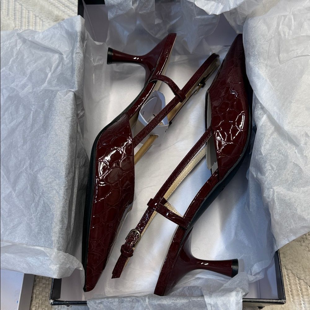 Nine West - Rhonda Kitten Heel Slingback Pumps - Dark Red - Picture 5 of 6